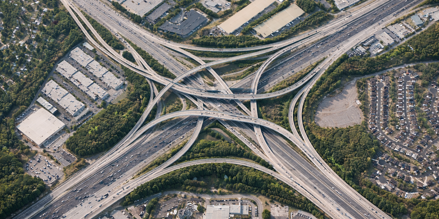 Complex highway interchange representing multiple connected workflows and systems