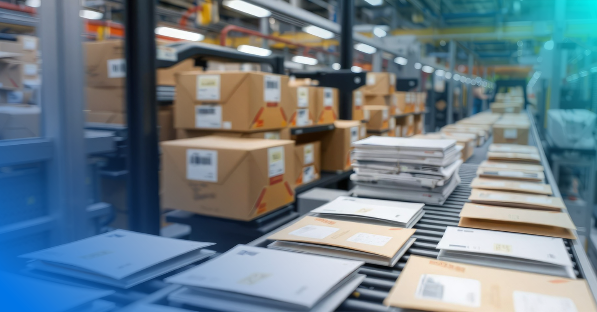 Mail is being sorted at a processing facility. 