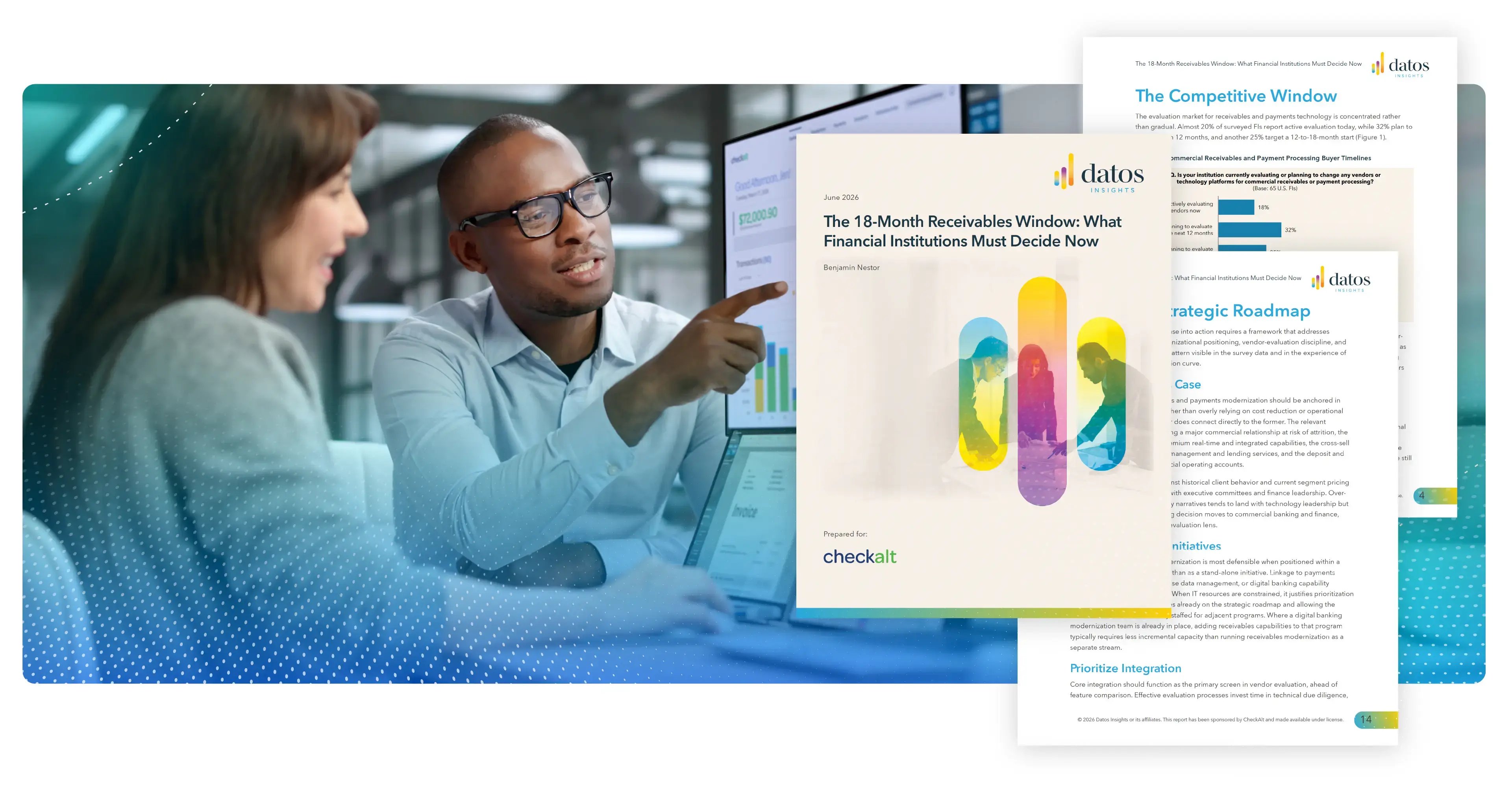 Professionals reviewing receivables workflow data with Datos report overlay