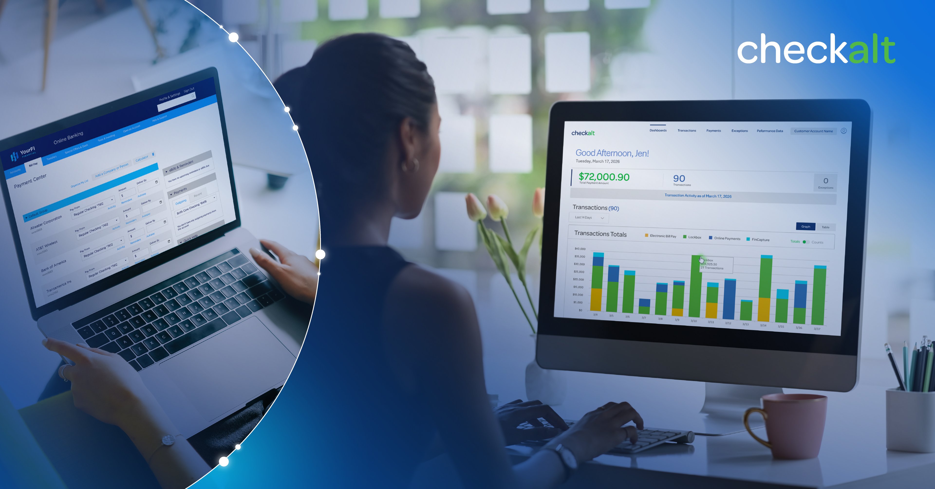 Split screen with a woman paying a bill through online banking on the left, and a banker on a laptop on the right.