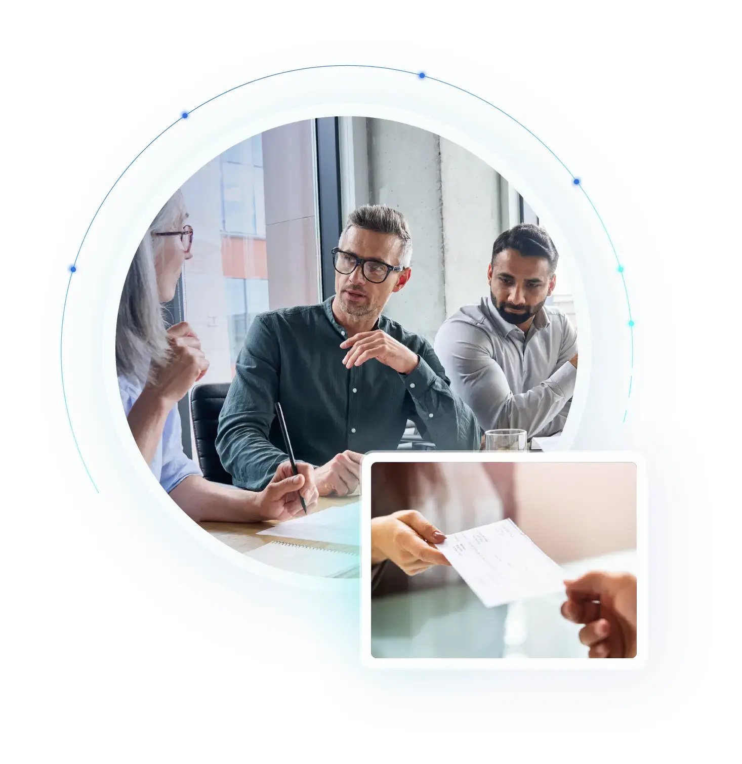 A young man wearing glasses sits thoughtfully at a laptop. In the foreground, a laptop screen shows the Checkalt dashboard with $72,000.90 in transactions and a bar chart. Icons for verified documents and reporting appear in the background.