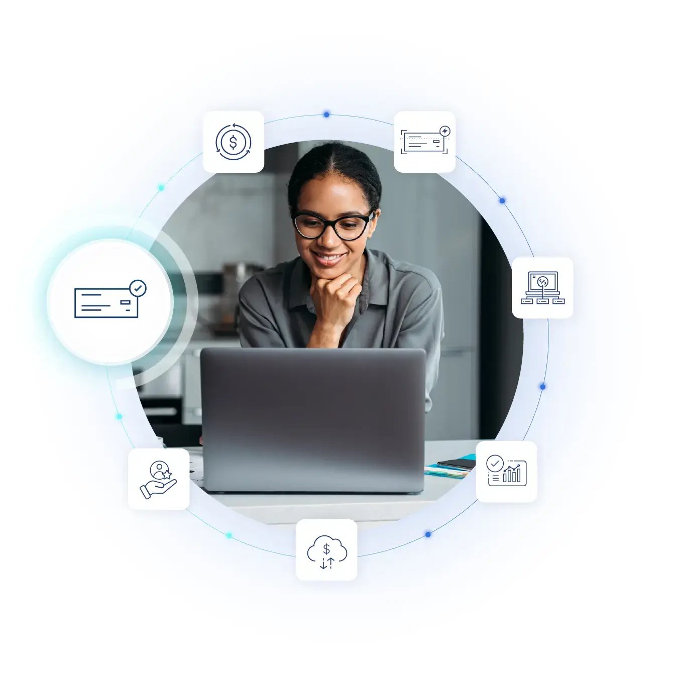A business meeting scene: three colleagues engaged in discussion around a table. An inset photo in the lower right shows two hands exchanging a paper check.