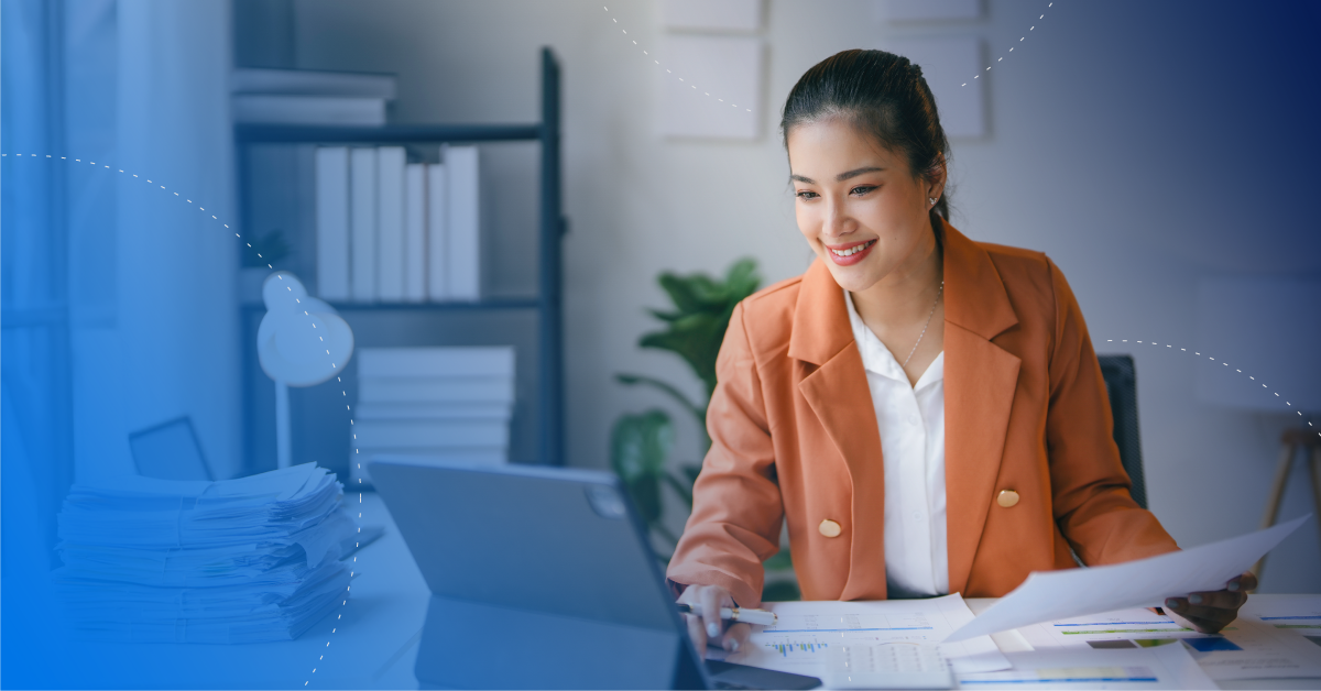 Woman at working at desk without frustration 
