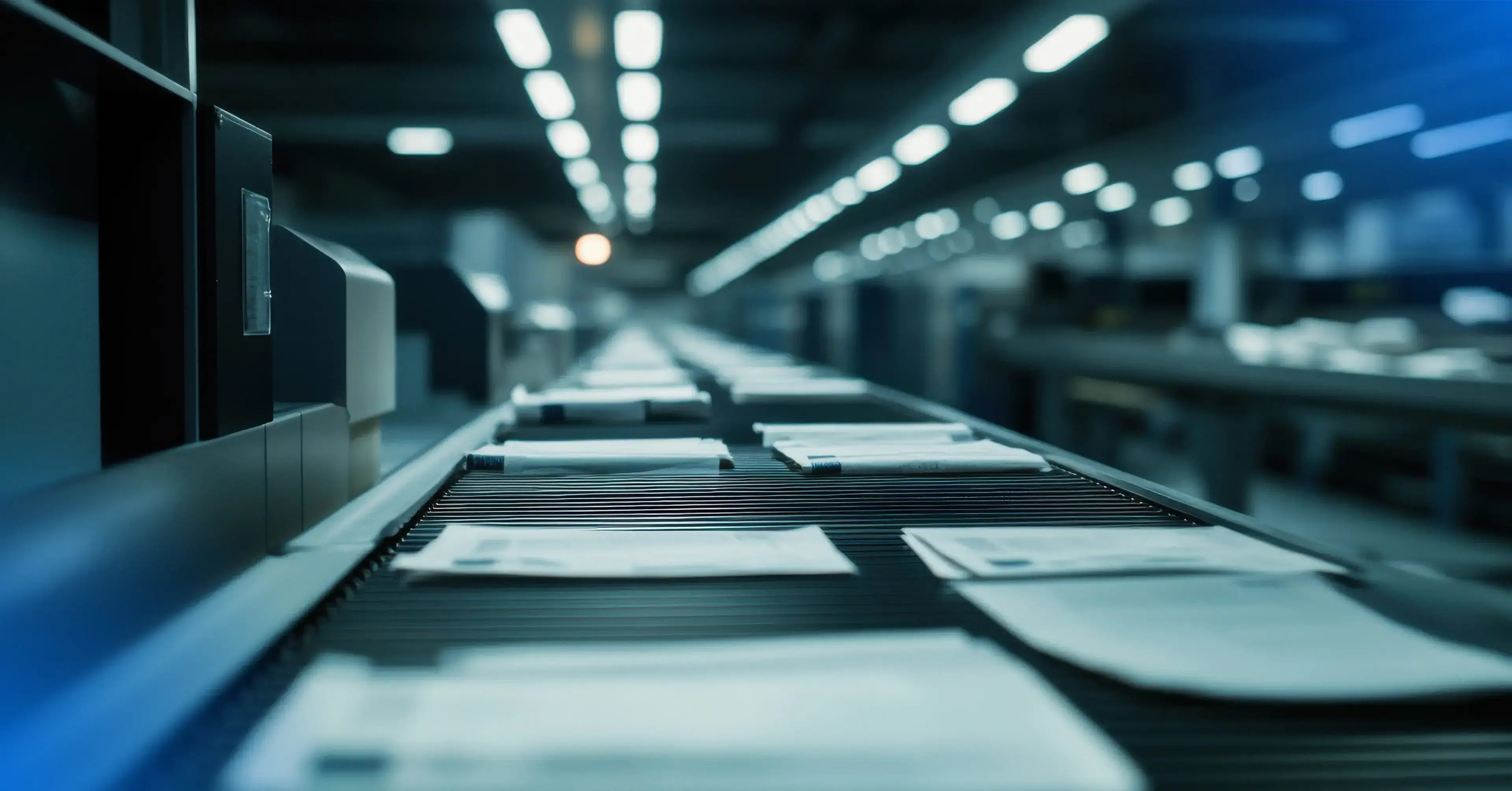 Mail being processed on a conveyor belt.
